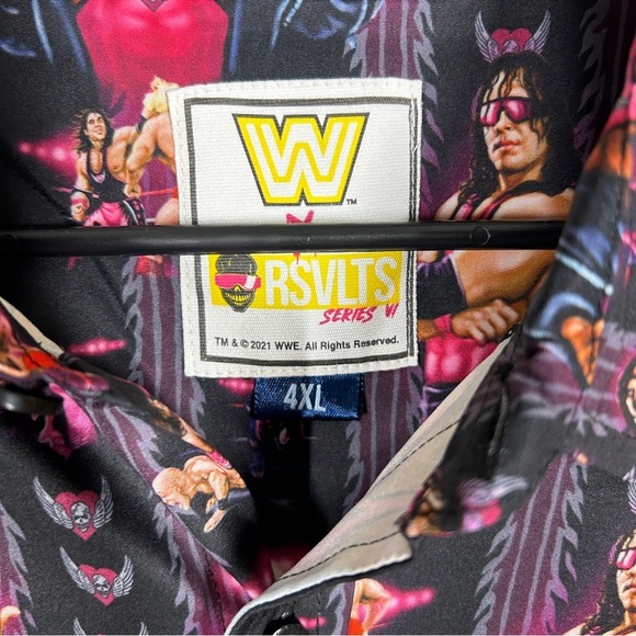 NWT WWE x RSVLTS Allover The Hitman Bret Hart Black Short Sleeve Button Down 4XL - Picture 6 of 9